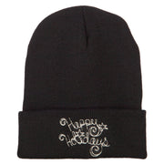 Glitter Happy Holiday Embroidered Long Knitted Beanie