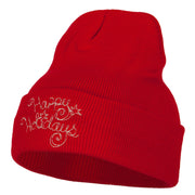 Glitter Happy Holiday Embroidered Long Knitted Beanie