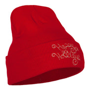 Glitter Happy Holiday Embroidered Long Knitted Beanie