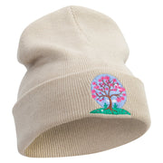 Cherry Blossom Tree Embroidered 12 Inch Long Knitted Beanie - Birch OSFM