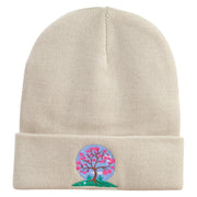 Cherry Blossom Tree Embroidered 12 Inch Long Knitted Beanie - Birch OSFM