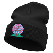 Cherry Blossom Tree Embroidered 12 Inch Long Knitted Beanie - Black OSFM