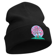 Cherry Blossom Tree Embroidered 12 Inch Long Knitted Beanie - Black OSFM