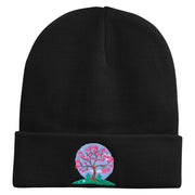 Cherry Blossom Tree Embroidered 12 Inch Long Knitted Beanie - Black OSFM