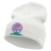 Cherry Blossom Tree Embroidered 12 Inch Long Knitted Beanie - White OSFM