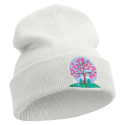 Cherry Blossom Tree Embroidered 12 Inch Long Knitted Beanie - White OSFM