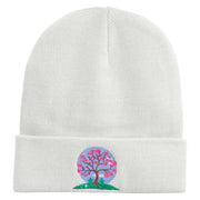 Cherry Blossom Tree Embroidered 12 Inch Long Knitted Beanie - White OSFM