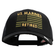 US Marines Retired Flag Design Embroidered 6 Panel Structured Cotton Twill Mesh Cap Made in USA - Black OSFM