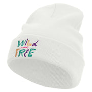 Wild and Free Embroidered 12 Inch Long Knitted Beanie - White OSFM