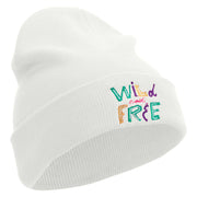 Wild and Free Embroidered 12 Inch Long Knitted Beanie - White OSFM