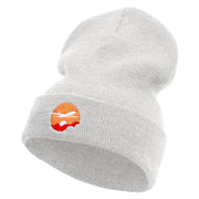 Day Travel Embroidered 12 Inch Long Knitted Beanie - White OSFM