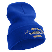 Licensed Made in USA US Submarine Retired Logo Embroidered 12 Inch Solid Knit Cuff Long Beanie - Royal-Blue OSFM