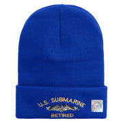 Licensed Made in USA US Submarine Retired Logo Embroidered 12 Inch Solid Knit Cuff Long Beanie - Royal-Blue OSFM