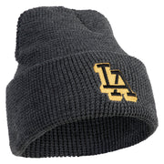 Block Letter LA Embroidered Waffle Knit Cuff Beanie - Black-Marled OSFM