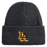 Block Letter LA Embroidered Waffle Knit Cuff Beanie - Black-Marled OSFM