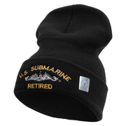 Licensed Made in USA US Submarine Retired Logo Embroidered 12 Inch Solid Knit Cuff Long Beanie - Black OSFM