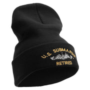 Licensed Made in USA US Submarine Retired Logo Embroidered 12 Inch Solid Knit Cuff Long Beanie - Black OSFM