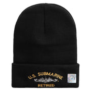 Licensed Made in USA US Submarine Retired Logo Embroidered 12 Inch Solid Knit Cuff Long Beanie - Black OSFM
