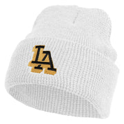 Block Letter LA Embroidered Waffle Knit Cuff Beanie - White OSFM