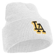 Block Letter LA Embroidered Waffle Knit Cuff Beanie - White OSFM