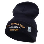 Licensed Made in USA US Submarine Retired Logo Embroidered 12 Inch Solid Knit Cuff Long Beanie - Navy OSFM