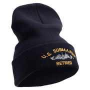 Licensed Made in USA US Submarine Retired Logo Embroidered 12 Inch Solid Knit Cuff Long Beanie - Navy OSFM