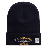 Licensed Made in USA US Submarine Retired Logo Embroidered 12 Inch Solid Knit Cuff Long Beanie - Navy OSFM