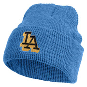 Block Letter LA Embroidered Waffle Knit Cuff Beanie - Sky-Blue OSFM