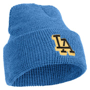 Block Letter LA Embroidered Waffle Knit Cuff Beanie - Sky-Blue OSFM
