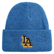 Block Letter LA Embroidered Waffle Knit Cuff Beanie - Sky-Blue OSFM