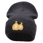 Money Pouch Embroidered 12 Inch Long Knitted Beanie - Heather-Charcoal OSFM