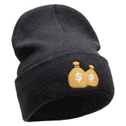 Money Pouch Embroidered 12 Inch Long Knitted Beanie - Heather-Charcoal OSFM