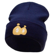 Money Pouch Embroidered 12 Inch Long Knitted Beanie - Navy OSFM