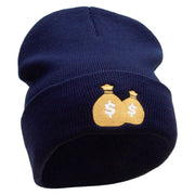 Money Pouch Embroidered 12 Inch Long Knitted Beanie - Navy OSFM