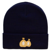 Money Pouch Embroidered 12 Inch Long Knitted Beanie - Navy OSFM