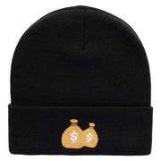 Money Pouch Embroidered 12 Inch Long Knitted Beanie - Black OSFM