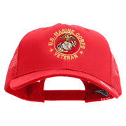 US Marine Corps Veteran Emblem Embroidered 6 Panel Structured Cotton Twill Mesh Cap Made in USA - Red OSFM