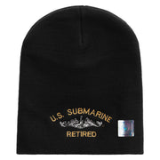 Licensed Made in USA US Submarine Retired Symbol Embroidered 8 Inch Solid Knit Short Beanie - Black OSFM