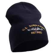 Licensed Made in USA US Submarine Retired Symbol Embroidered 8 Inch Solid Knit Short Beanie - Navy OSFM