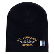 Licensed Made in USA US Submarine Retired Symbol Embroidered 8 Inch Solid Knit Short Beanie - Navy OSFM