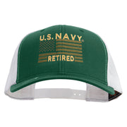 Licensed US Navy Retired Flag Embroidered Contrast Trucker Cap - Evergreen-White OSFM