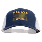 Licensed US Navy Retired Flag Embroidered Contrast Trucker Cap - Navy-White OSFM