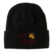 Happy Holidays with Bells Embroidered Long Beanie