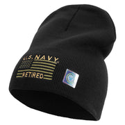 Licensed Made in USA Navy Retired Flag Symbol Embroidered 8 Inch Solid Knit Short Beanie - Black OSFM