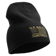 Licensed Made in USA Navy Retired Flag Symbol Embroidered 8 Inch Solid Knit Short Beanie - Black OSFM