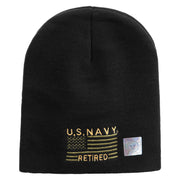 Licensed Made in USA Navy Retired Flag Symbol Embroidered 8 Inch Solid Knit Short Beanie - Black OSFM