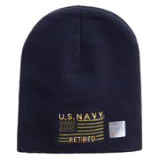 Licensed Made in USA Navy Retired Flag Symbol Embroidered 8 Inch Solid Knit Short Beanie - Navy OSFM