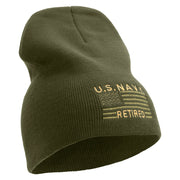 Licensed Made in USA Navy Retired Flag Symbol Embroidered 8 Inch Solid Knit Short Beanie - Olive OSFM