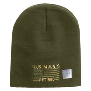 Licensed Made in USA Navy Retired Flag Symbol Embroidered 8 Inch Solid Knit Short Beanie - Olive OSFM