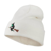 Halloween Witch Flying on a Broom Stick Embroidered Long Beanie